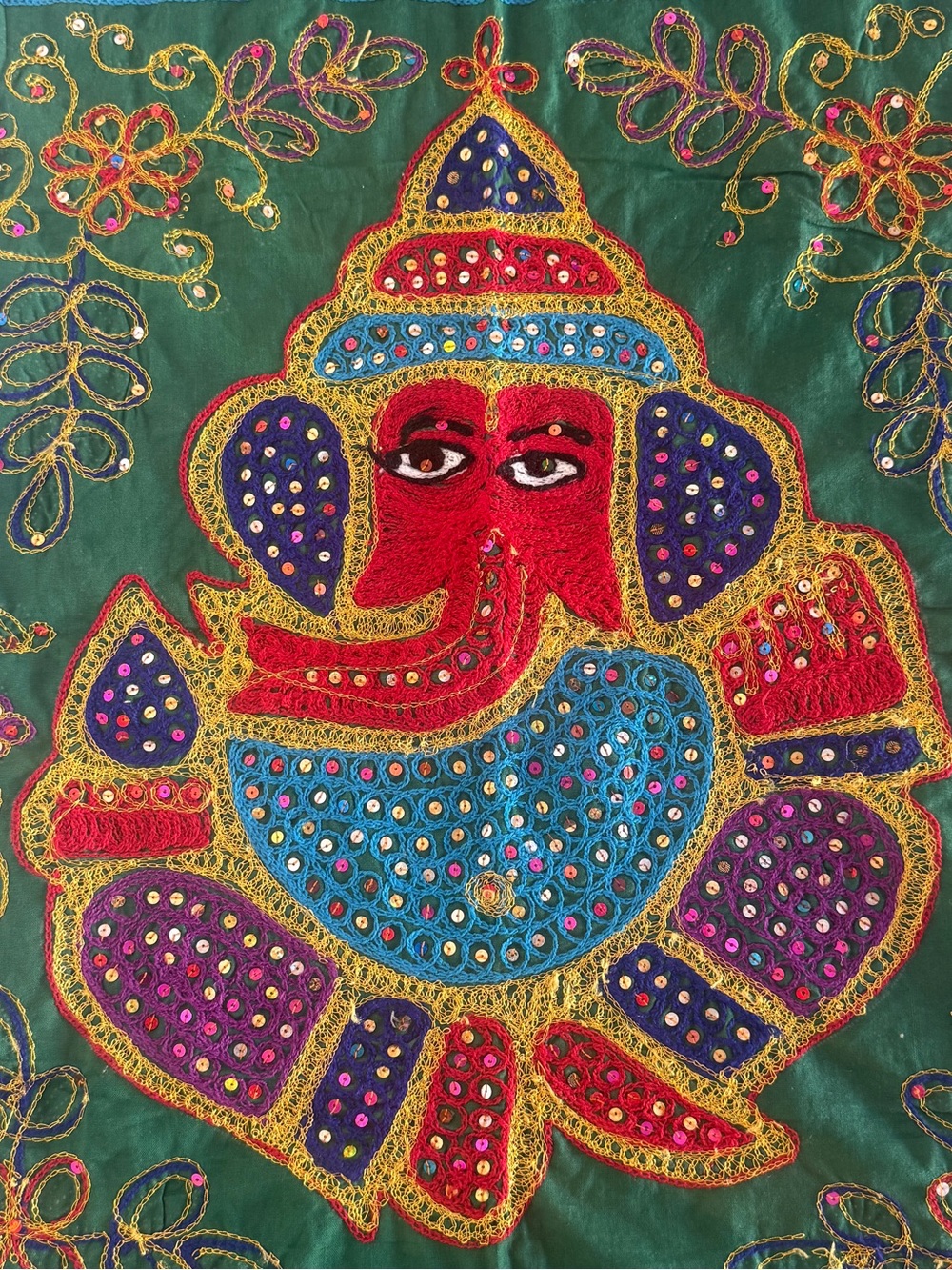 Hand-Embroidered Ganesha Wall Art Tapestry in Green, Red, Blue 30x28